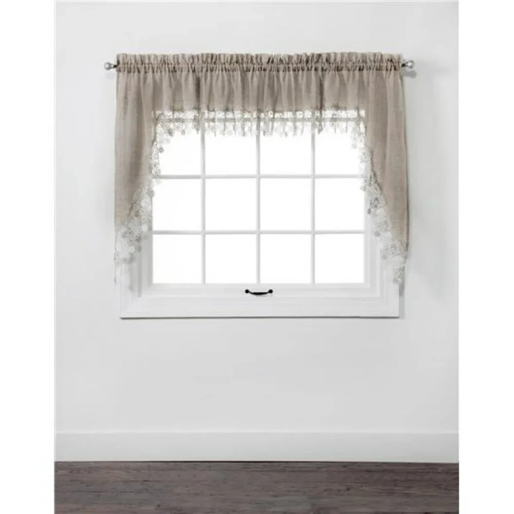 Lillian Linen Window Swag Curtains Set Macrame Trim Lace Rod Pocket 56x38